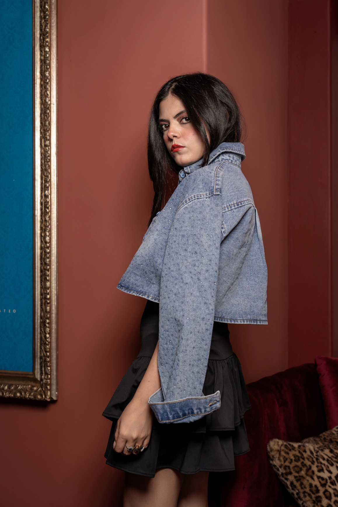 Chamarra denim brillos transparentes